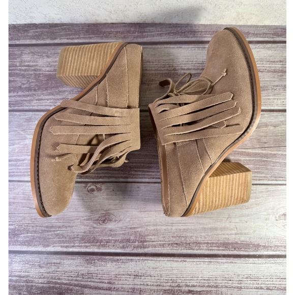 Sole Society Shoes - Sole Society Wilshire Taupe Cow Suede Fringe Block Heel Mule Booties Womens 7.5‎